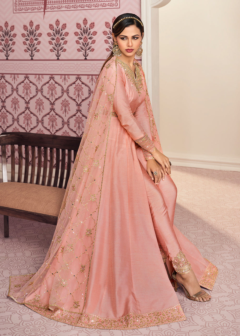 Coral Pink Indian Wear Soft Net Anarkali Suit - Hijab Online